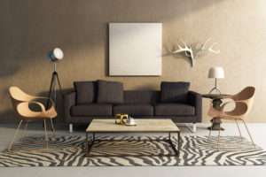 Safari theme interior living room, animal print carpet