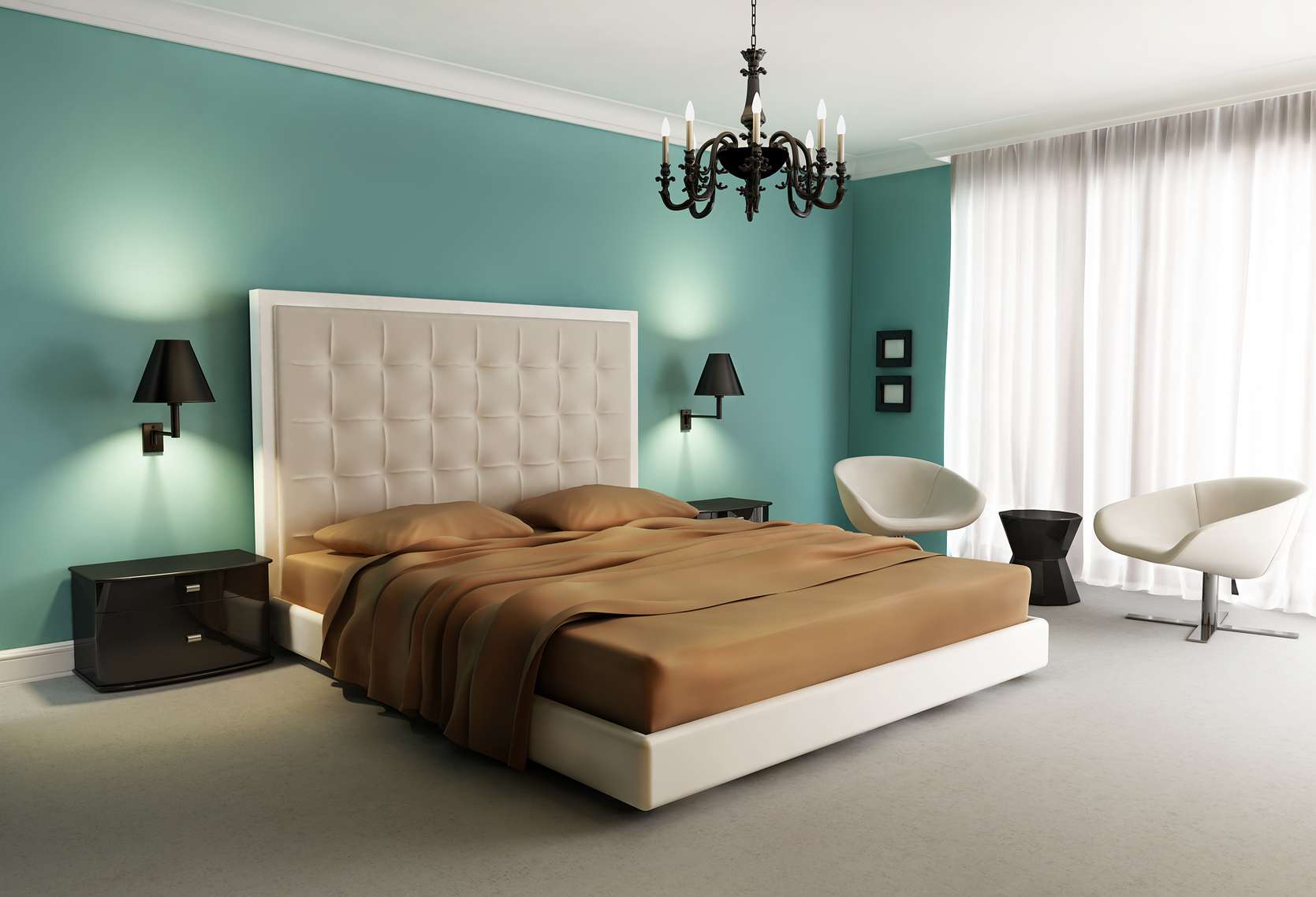 Chic luxury hotel green, orange, bedroom, with chandelier