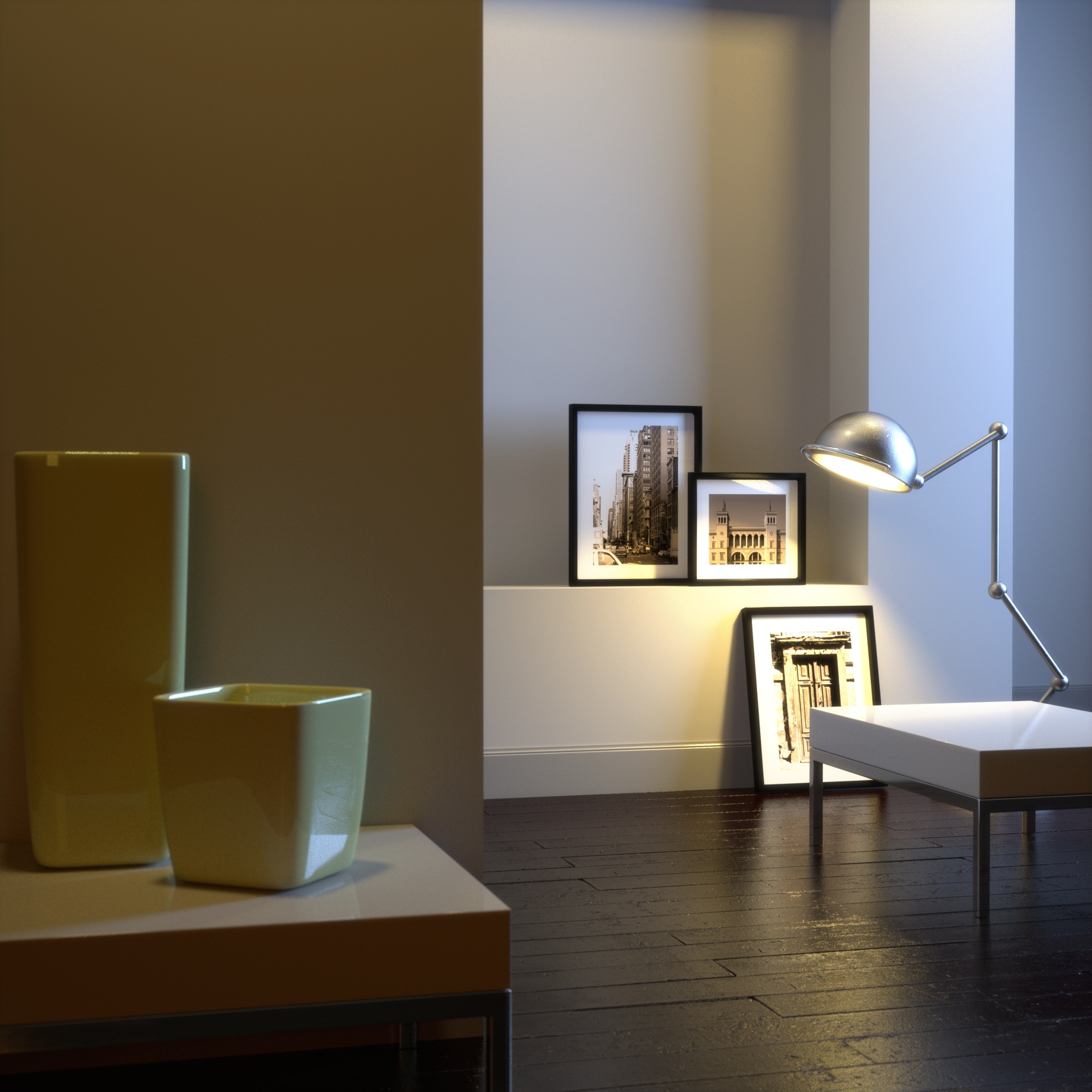 Modern interior with chrome lamp and frames