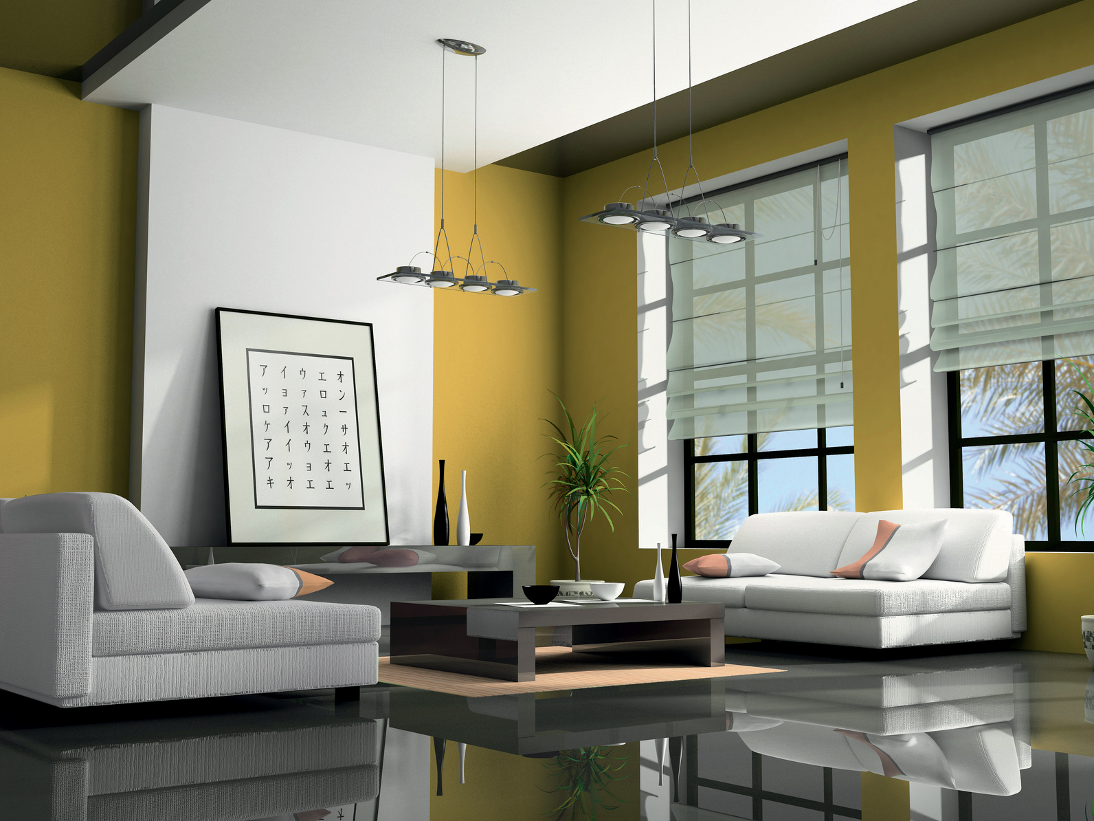 Home interior with sofas green 3D rendering