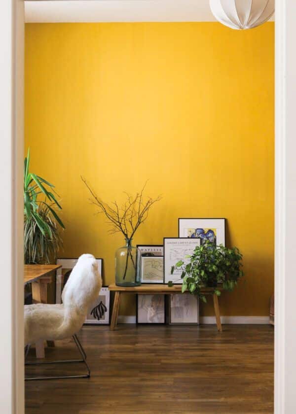 Salon avec fauteuil en fourrure et plantes vertes, mis en valeur par notre jaune orangé AMARETTO - N°1863 Peintures 1825