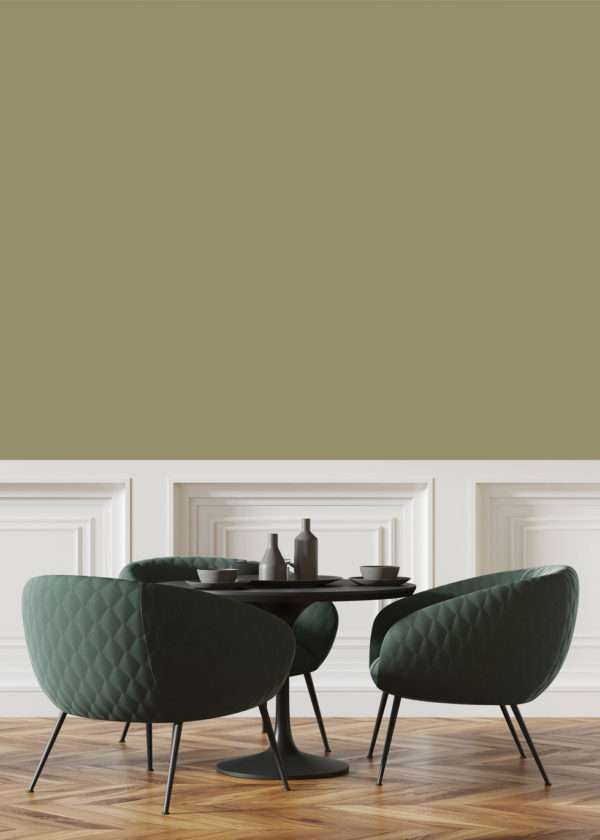 Salle à manger avec fauteuils capitonnés verts, mise en valeur par notre vert CAMOUFLAGE - N°1937 Peintures 1825