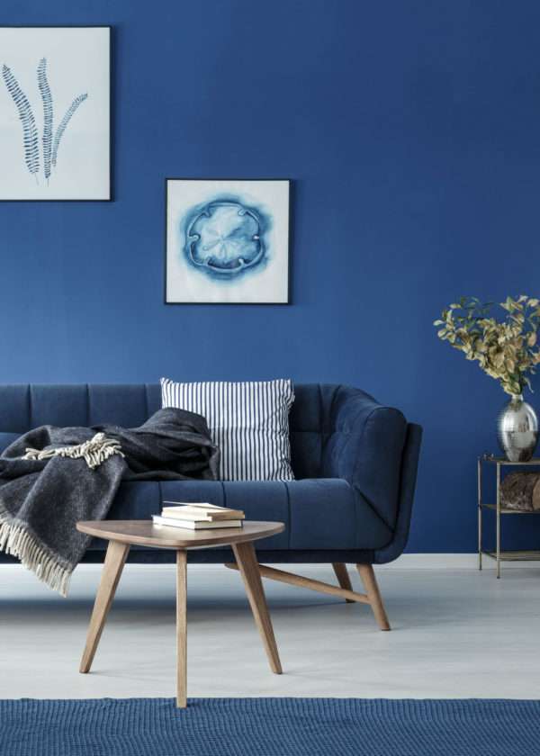 Salon avec tapis et canapé bleus, mis en valeur par notre bleu vif ELECTRIC BLUE - N°2013 Peintures 1825