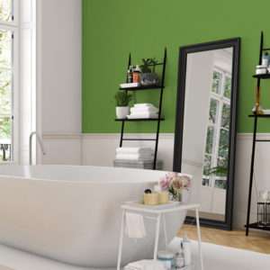 Salle de bain design avec mobilier blanc et noir, mise en valeur par notre vert pomme IRISH GREEN - N°2004 Peintures 1825