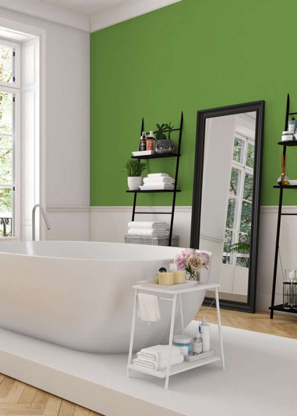 Salle de bain design avec mobilier blanc et noir, mise en valeur par notre vert pomme IRISH GREEN - N°2004 Peintures 1825