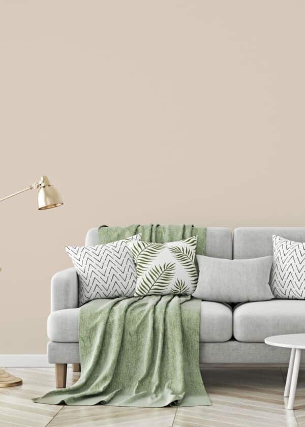 Salon avec canapé gris, couverture verte et lampe doré, mis en valeur par notre rose discret ROSE ANTIQUE - N°1904 Peintures 1825
