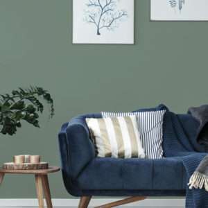 Salon avec canapé en velours bleu et plante verte, mis en valeur par notre vert THUYA - N°1952 Peintures 1825