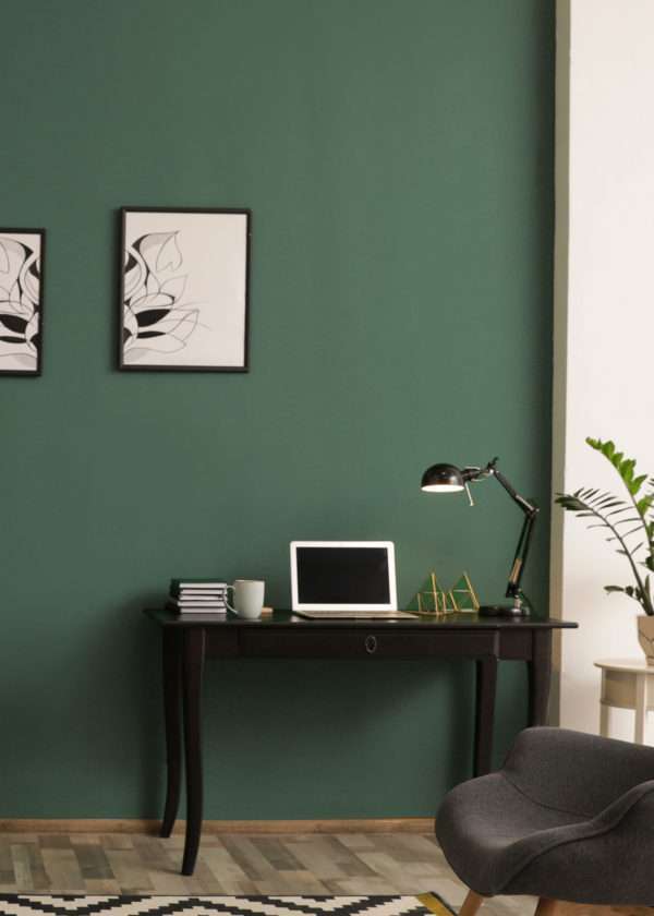 Salon avec coin bureau noir et fauteuil gris, mis en valeur par notre vert VERT ANGLAIS - N°1953 Peintures 1825