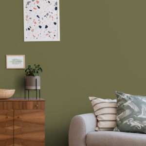 Salon rétro avec canapé gris et meuble en bois, mis en valeur par notre vert VERT CHASSE - N°1957 Peintures 1825