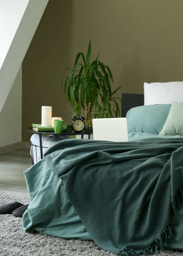 Chambre à coucher verte et bleue avec plantes vertes, mise en valeur par notre vert VERT CHASSE - N°1957 Peintures 1825