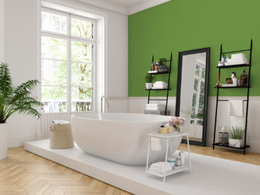 Salle de bain design avec mobilier blanc et noir, mise en valeur par notre vert pomme IRISH GREEN - N°2004 Peintures 1825