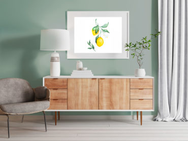 Salon avec meuble blanc en bois et illustration de citrons, mis en valeur par notre vert gris VERT DE GRIS - N°1951 Peintures 1825