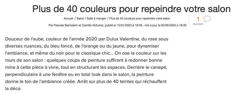 Article de presse "40 couleurs pour repeindre votre salon" Peintures 1825