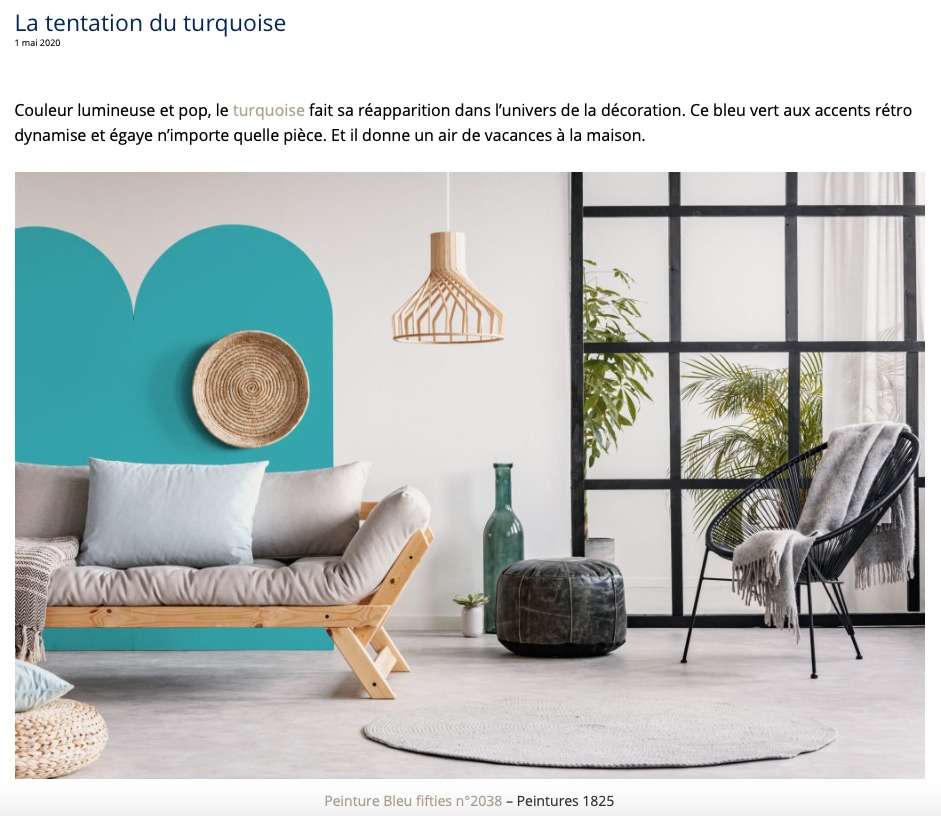 Article de presse mettant en avant notre bleu turquoise BLEU FIFTIES - N°2038 Peintures 1825