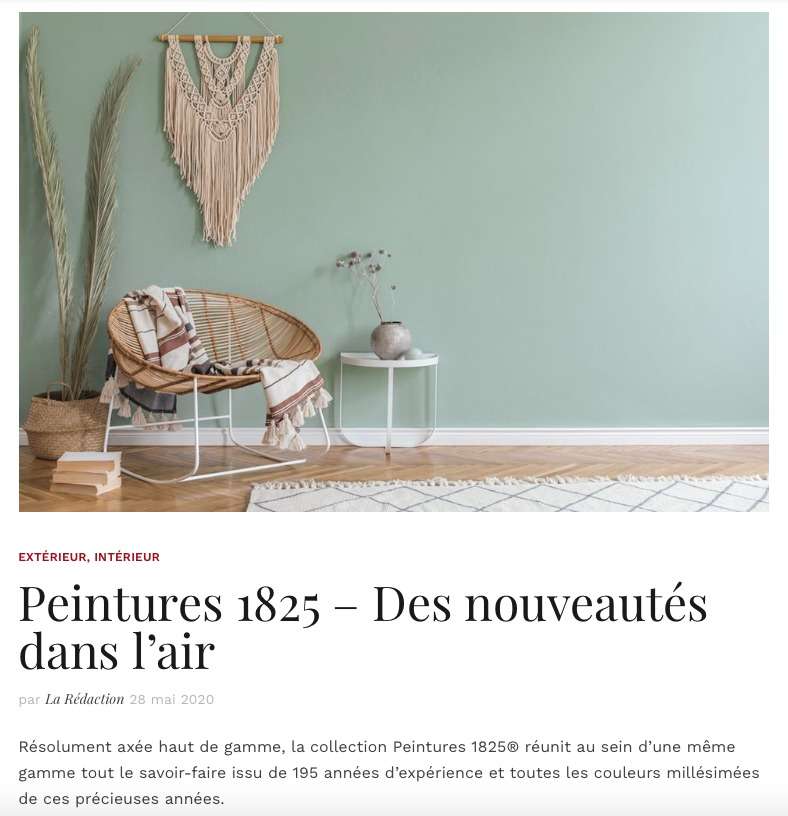 Article de presse mettant en avant notre vert bleuté VERT DE MER - N°1950, Peintures 1825